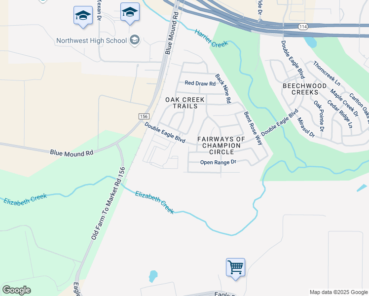 map of restaurants, bars, coffee shops, grocery stores, and more near 15653 Trail Ride Lane in Northlake