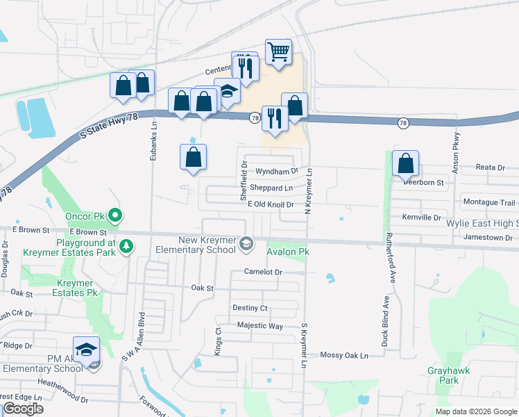 map of restaurants, bars, coffee shops, grocery stores, and more near 1208 Old Knoll Drive in Wylie