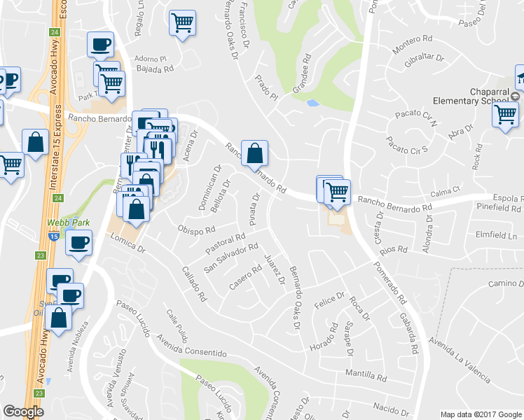 map of restaurants, bars, coffee shops, grocery stores, and more near 16822 Bernardo Oaks Dr in San Diego