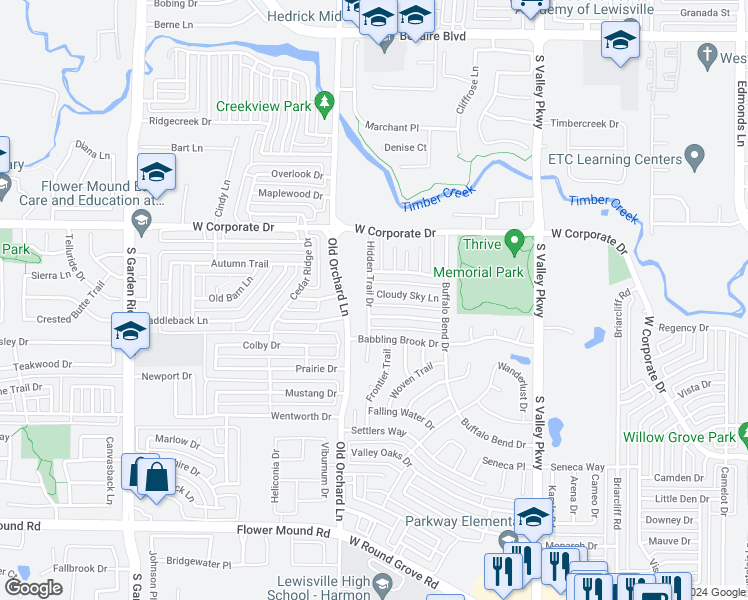 map of restaurants, bars, coffee shops, grocery stores, and more near 1228 Cloudy Sky Lane in Lewisville