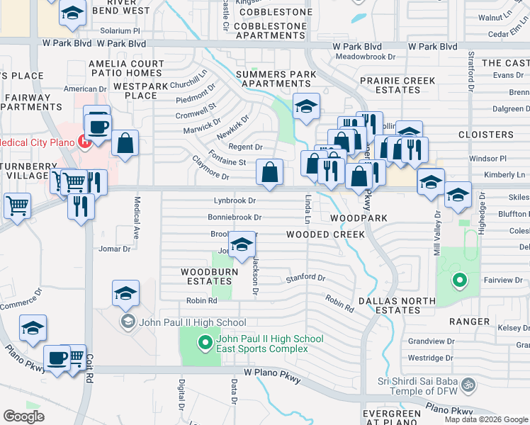map of restaurants, bars, coffee shops, grocery stores, and more near 3217 Bonniebrook Drive in Plano