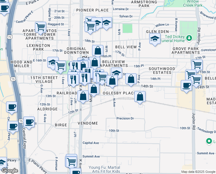 map of restaurants, bars, coffee shops, grocery stores, and more near 1320 14th Street in Plano