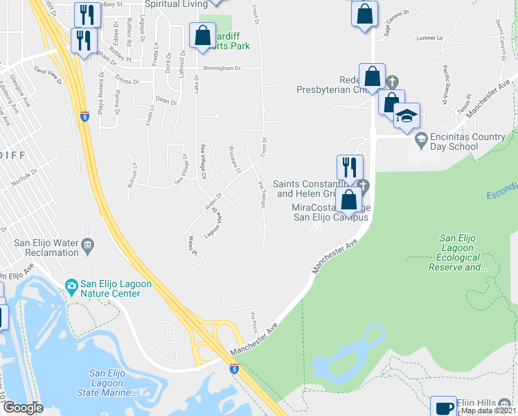 map of restaurants, bars, coffee shops, grocery stores, and more near 2204 Via Tiempo in Encinitas