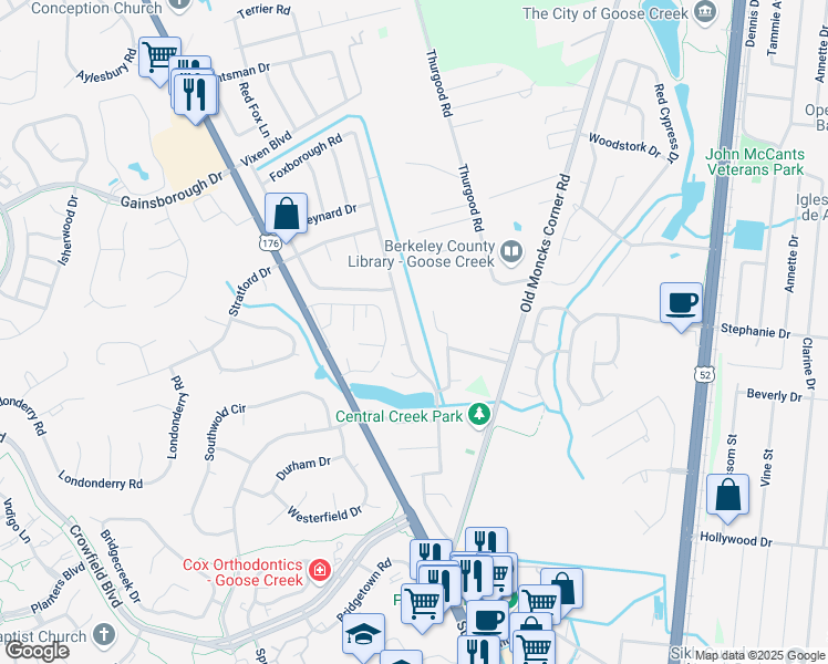 map of restaurants, bars, coffee shops, grocery stores, and more near 149 Foxborough Road in Goose Creek