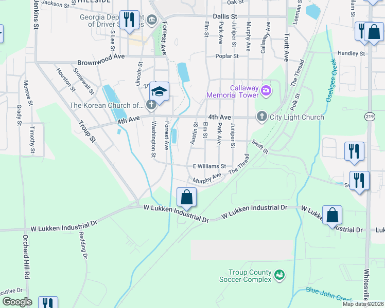 map of restaurants, bars, coffee shops, grocery stores, and more near 1400 Austin Street in LaGrange