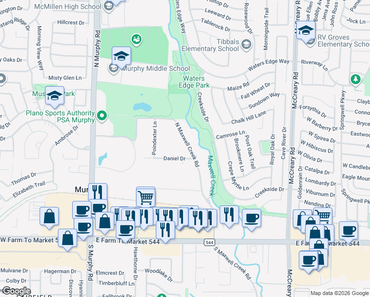 map of restaurants, bars, coffee shops, grocery stores, and more near 421 North Maxwell Creek Road in Murphy