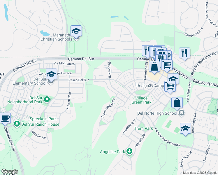 map of restaurants, bars, coffee shops, grocery stores, and more near 15912 Atkins Place in San Diego