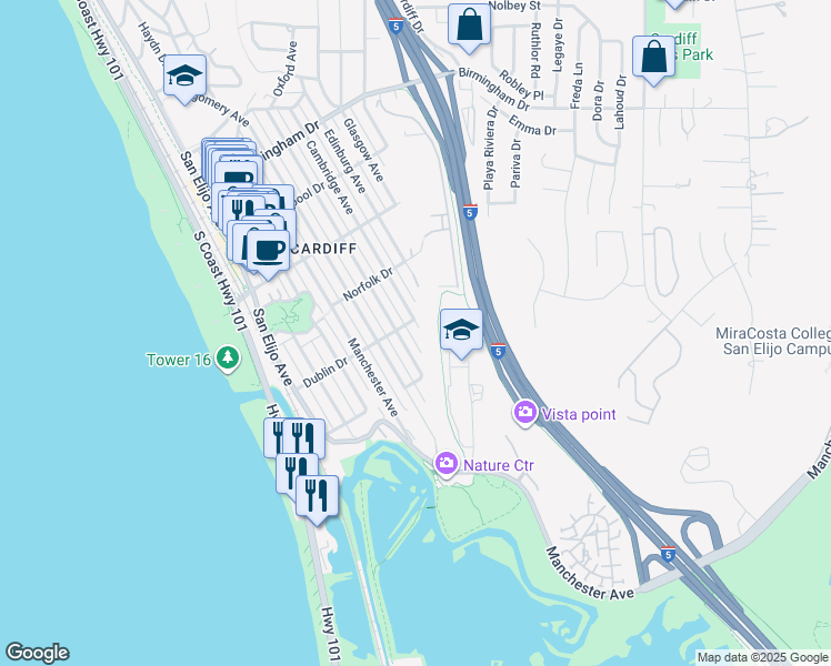 map of restaurants, bars, coffee shops, grocery stores, and more near 2416 Oxford Avenue in Encinitas