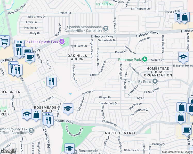 map of restaurants, bars, coffee shops, grocery stores, and more near 3828 Virginia Pine Drive in Carrollton