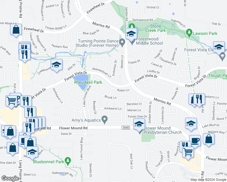 map of restaurants, bars, coffee shops, grocery stores, and more near 1809 Robin Lane in Flower Mound