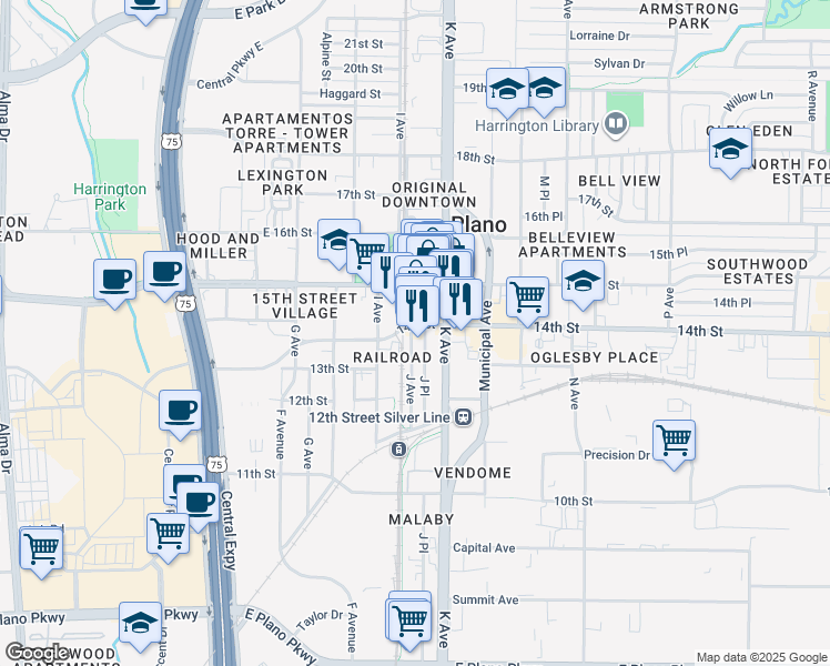 map of restaurants, bars, coffee shops, grocery stores, and more near 1364 J Avenue in Plano