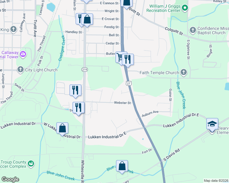 map of restaurants, bars, coffee shops, grocery stores, and more near 208 East Hillside Drive in LaGrange
