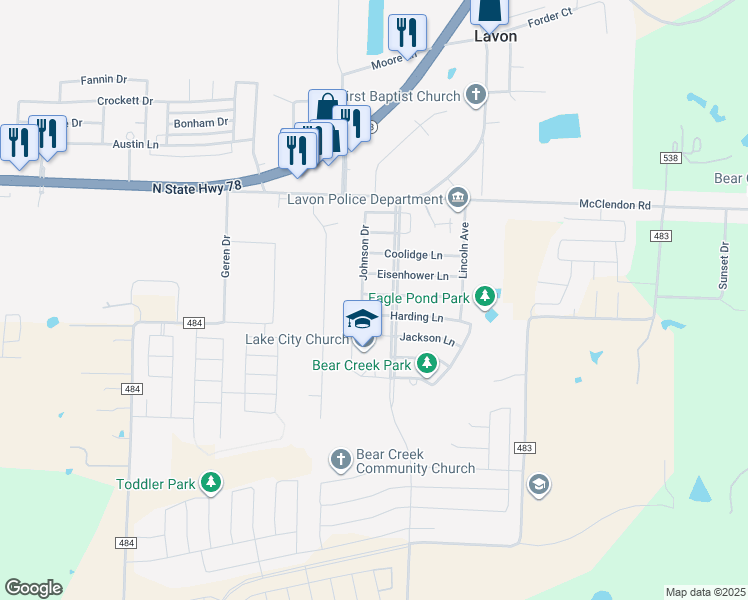 map of restaurants, bars, coffee shops, grocery stores, and more near 536 Grant Lane in Lavon