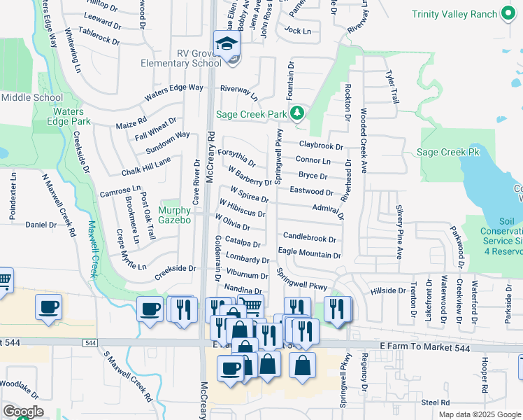 map of restaurants, bars, coffee shops, grocery stores, and more near 2230 West Hibiscus Drive in Wylie