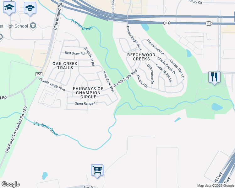 map of restaurants, bars, coffee shops, grocery stores, and more near 15716 Bent Rose Way in Fort Worth