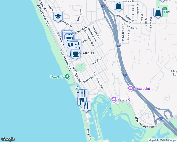 map of restaurants, bars, coffee shops, grocery stores, and more near 2319-21 Newcastle Avenue in Encinitas