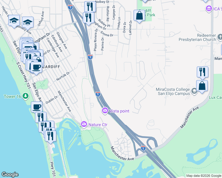 map of restaurants, bars, coffee shops, grocery stores, and more near 2141 Bulrush Lane in Encinitas