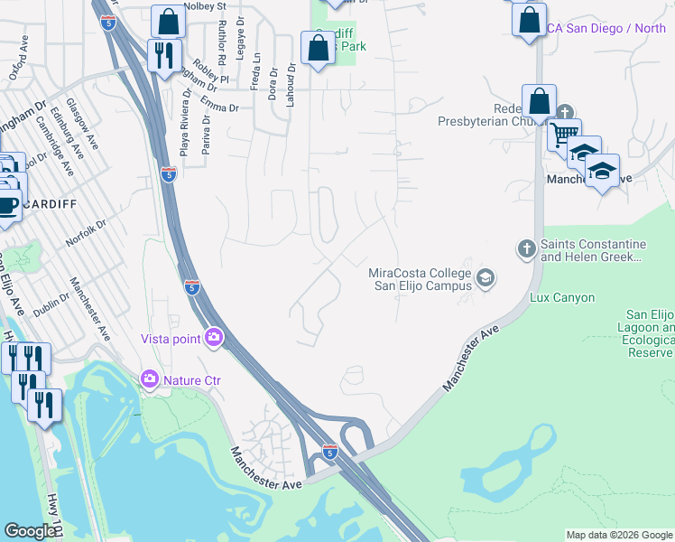 map of restaurants, bars, coffee shops, grocery stores, and more near 2212 Lagoon View Drive in Encinitas