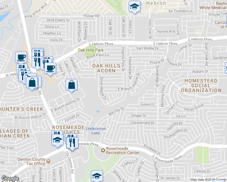 map of restaurants, bars, coffee shops, grocery stores, and more near 1314 East Branch Hollow Drive in Carrollton