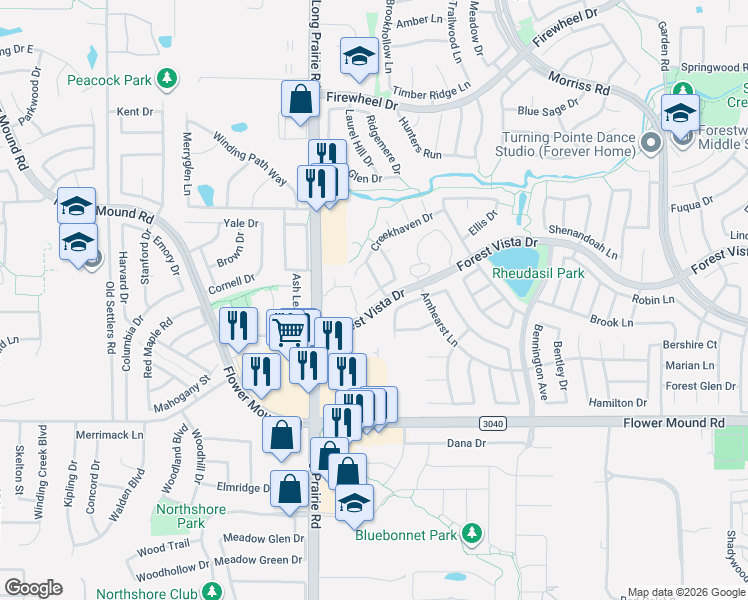 map of restaurants, bars, coffee shops, grocery stores, and more near 2609 Springwater Drive in Flower Mound