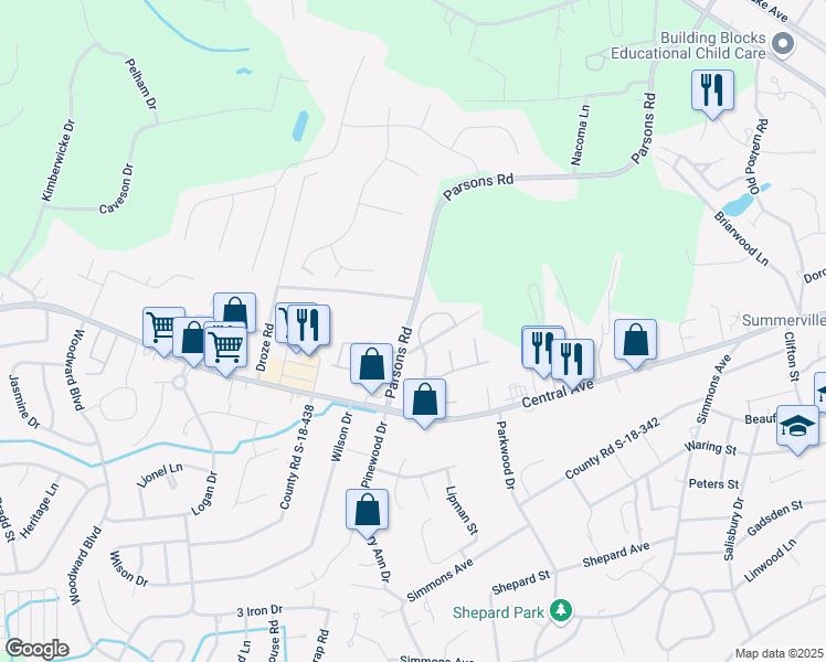 map of restaurants, bars, coffee shops, grocery stores, and more near 113 Woodduck Drive in Summerville