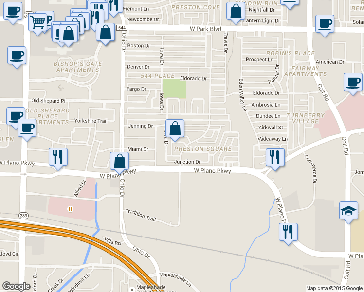 map of restaurants, bars, coffee shops, grocery stores, and more near 4457 Odessa Circle in Plano