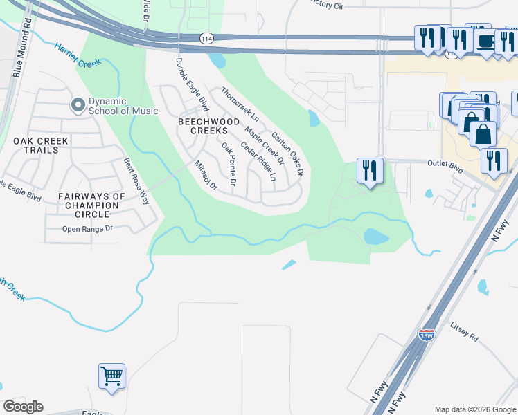 map of restaurants, bars, coffee shops, grocery stores, and more near 15609 Mirasol Drive in Fort Worth
