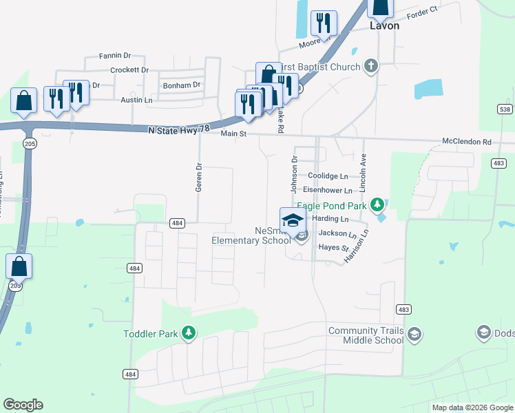 map of restaurants, bars, coffee shops, grocery stores, and more near 525 Mustang Ct in Lavon