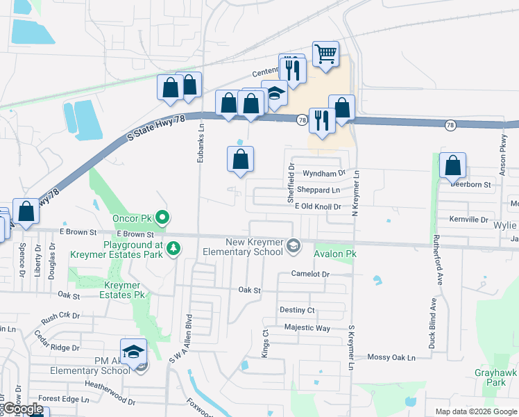 map of restaurants, bars, coffee shops, grocery stores, and more near 1102 Old Knoll Drive in Wylie