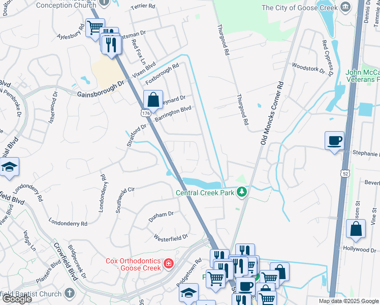 map of restaurants, bars, coffee shops, grocery stores, and more near 200 Branchwood Drive in Goose Creek