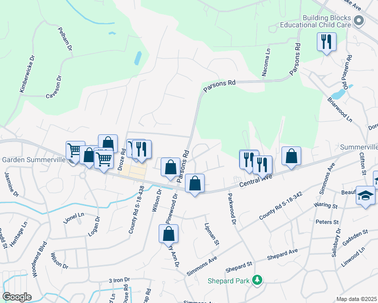 map of restaurants, bars, coffee shops, grocery stores, and more near 107 Hemingway Circle in Summerville