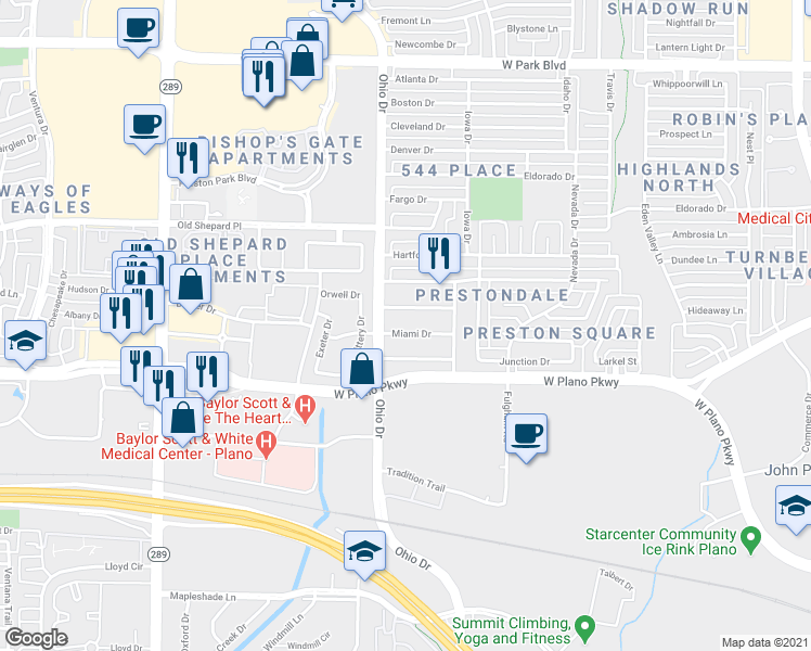 map of restaurants, bars, coffee shops, grocery stores, and more near 4545 Miami Drive in Plano