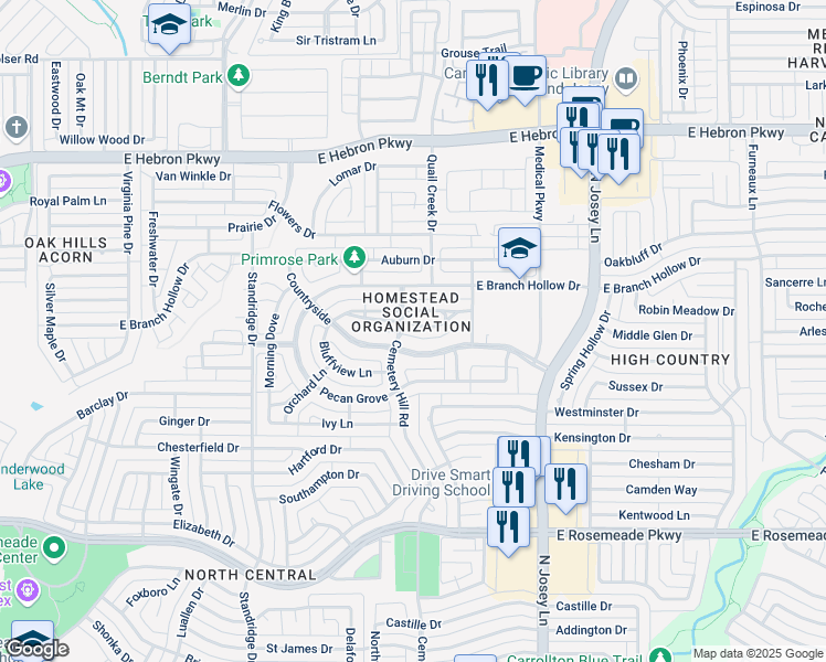 map of restaurants, bars, coffee shops, grocery stores, and more near 1801 Countryside in Carrollton