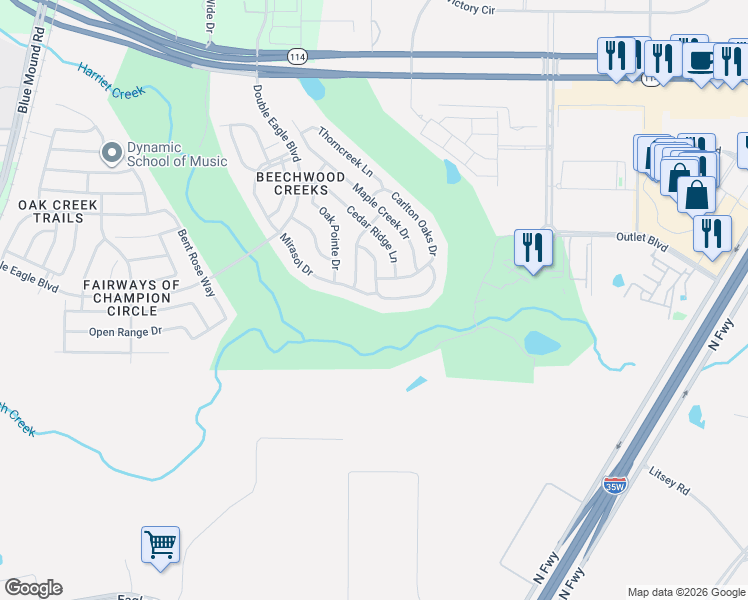 map of restaurants, bars, coffee shops, grocery stores, and more near 15609 Mirasol Drive in Fort Worth