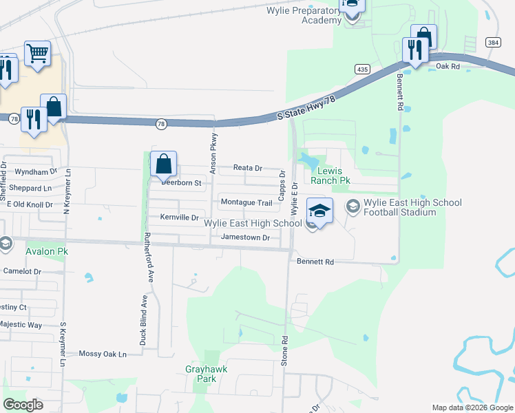 map of restaurants, bars, coffee shops, grocery stores, and more near 2922 Montague Trail in Wylie