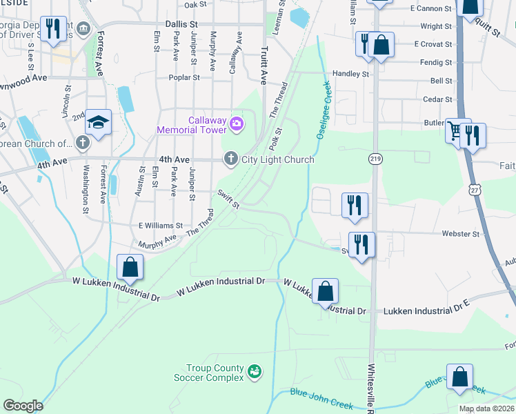 map of restaurants, bars, coffee shops, grocery stores, and more near 1311 Lindsey Street in LaGrange