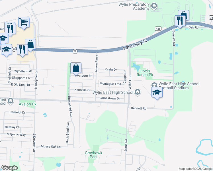 map of restaurants, bars, coffee shops, grocery stores, and more near 2910 Montague Trail in Wylie