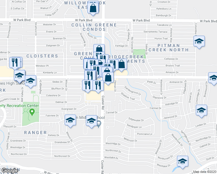 map of restaurants, bars, coffee shops, grocery stores, and more near 1300 Custer Road in Plano