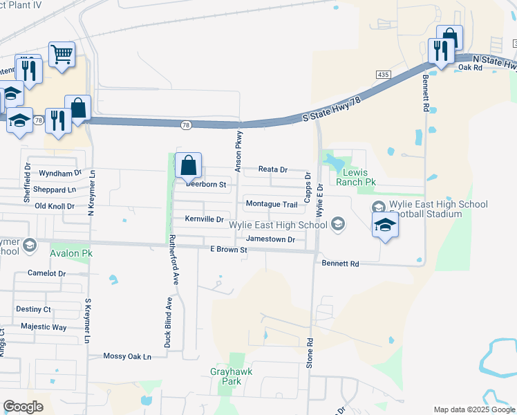 map of restaurants, bars, coffee shops, grocery stores, and more near 2910 Montague Trail in Wylie