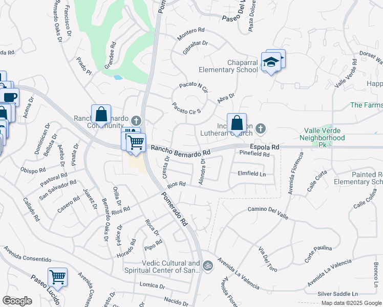 map of restaurants, bars, coffee shops, grocery stores, and more near 12673 Rancho Bernardo Road in San Diego
