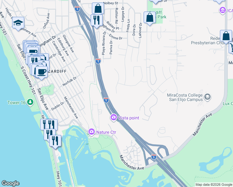 map of restaurants, bars, coffee shops, grocery stores, and more near 2141 Bulrush Lane in Encinitas