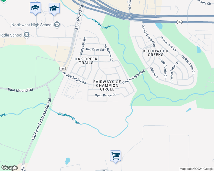 map of restaurants, bars, coffee shops, grocery stores, and more near Double Eagle Boulevard in Justin