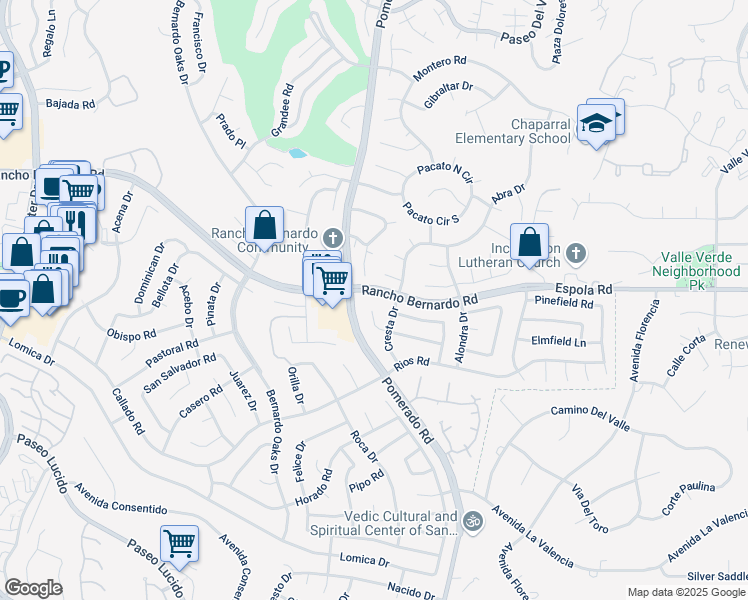map of restaurants, bars, coffee shops, grocery stores, and more near 12515 Parish Road in San Diego