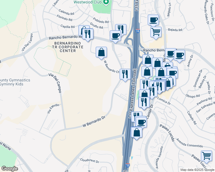 map of restaurants, bars, coffee shops, grocery stores, and more near 16772 W Bernardo Dr in San Diego