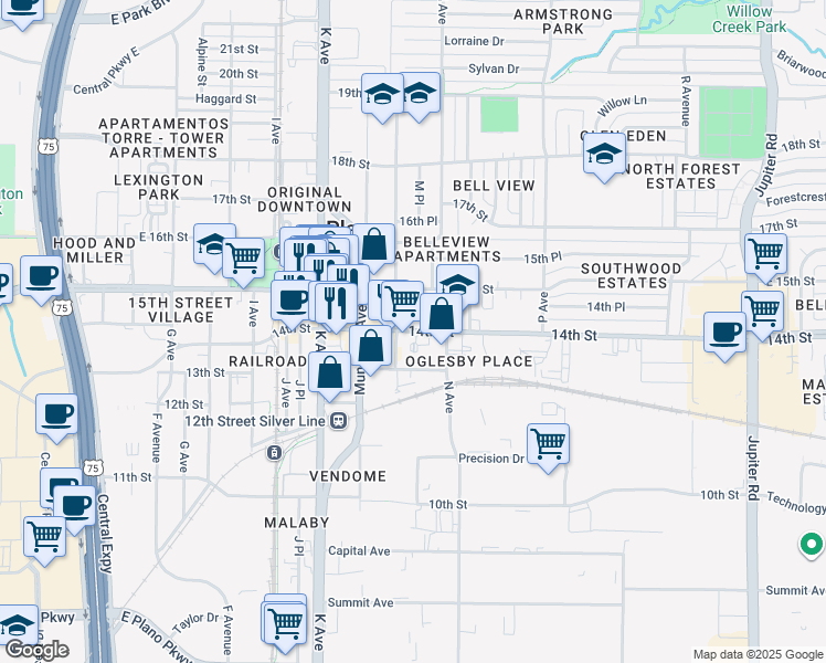map of restaurants, bars, coffee shops, grocery stores, and more near 1310 M Avenue in Plano