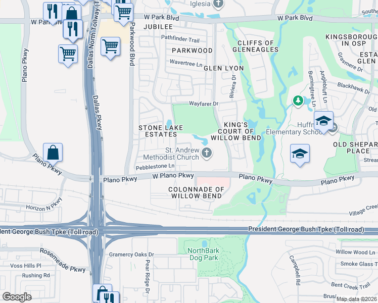 map of restaurants, bars, coffee shops, grocery stores, and more near 5856 Stone Meadow Drive in Plano