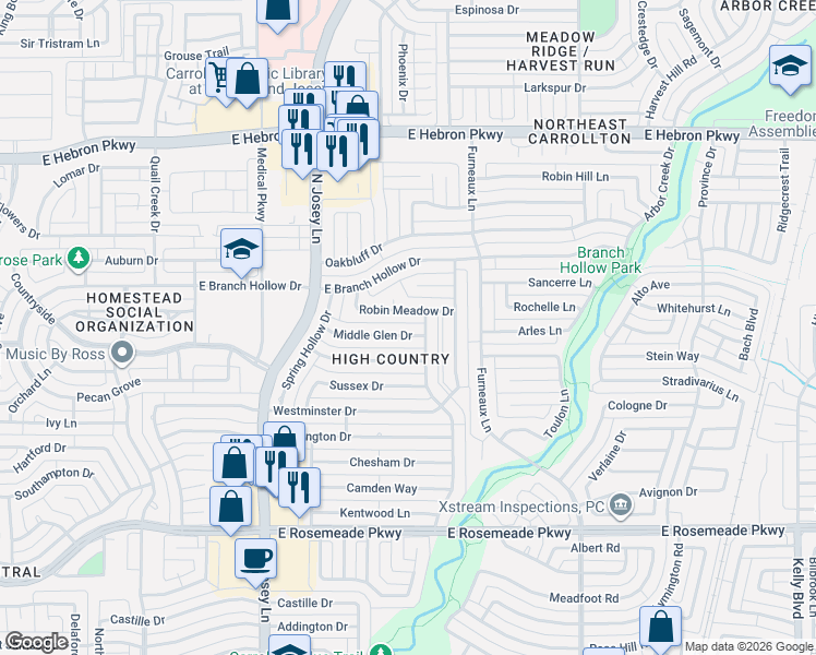 map of restaurants, bars, coffee shops, grocery stores, and more near 1922 Middle Glen Drive in Carrollton