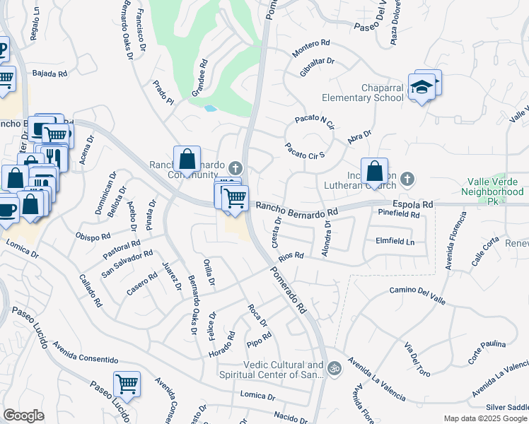map of restaurants, bars, coffee shops, grocery stores, and more near 12515 Parish Road in San Diego