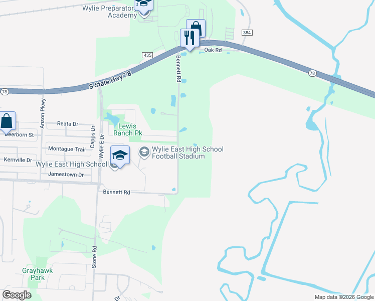 map of restaurants, bars, coffee shops, grocery stores, and more near 5914 Bennett Road in Wylie
