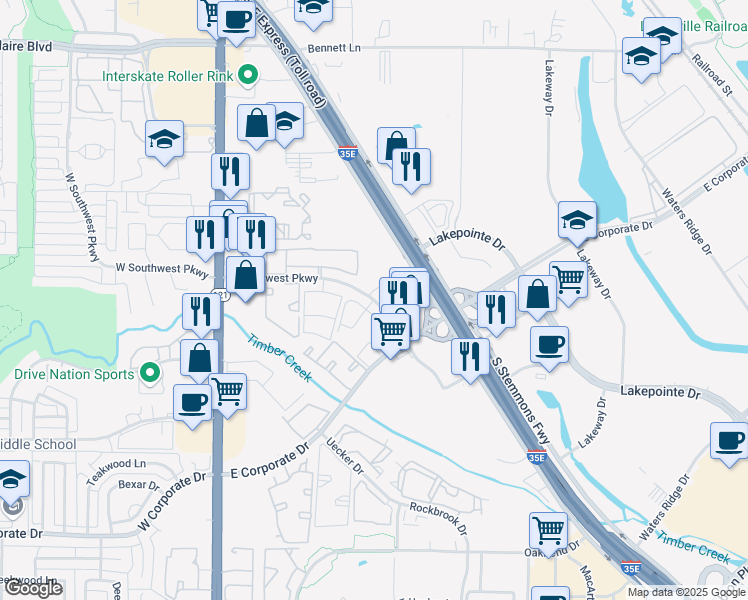 map of restaurants, bars, coffee shops, grocery stores, and more near 345 East Southwest Parkway in Lewisville